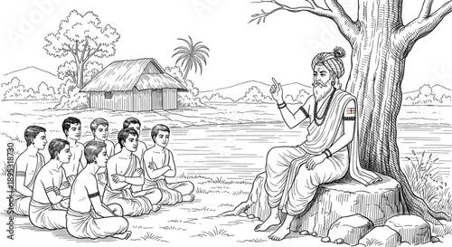 Ancient Guru Teaching Students Under Tree Inspiring Wisdom Knowledge Growth Education Rural Village Life
