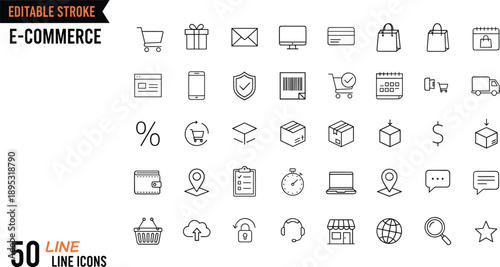 Editable stroke e-commerce line icons set, shopping cart, delivery, payment, wallet, package, storefront, analytics, customer support, global marketplace, vector symbols