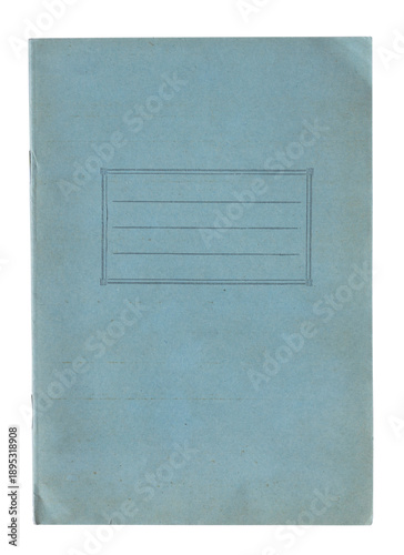 Vintage blue paper notebook cover with blank label name frame, isolated on white