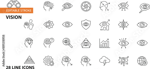 Editable stroke vision line icons set, eye perception, insight, focus, creativity, strategy, analysis, thinking, innovation, observation, future planning vector symbols