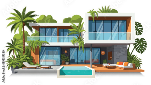 Stunning modern tropical villa with glass facade, pool, and lush landscaping.