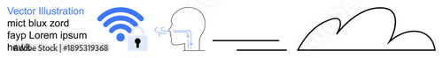 Wireless communication, cloud technology, data transfer, connectivity, smart tech, digital solutions. wireless signal, head profile and cloud graphic connected by lines. Wireless communication
