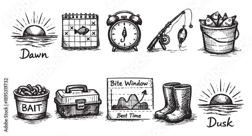 Illustrated elements represent a well-planned fishing trip, including dawn, calendar, alarm clock, fishing rod, caught fish, bait, tackle box, bite window graph and boots.