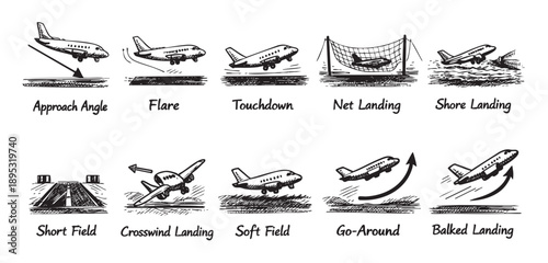Black and white illustration depicting various types of airplane landings in sketch style, including approach angle, flare, touchdown, and go-around.