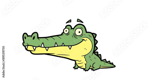 A cartoon alligator with a cheerful expression is illustrated in a simple style
