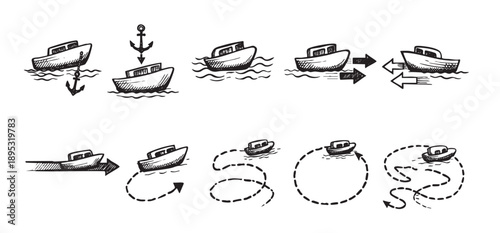 Various boat navigation maneuvers, including anchoring, moving laterally, and performing turns shown as black and white sketched illustrations.