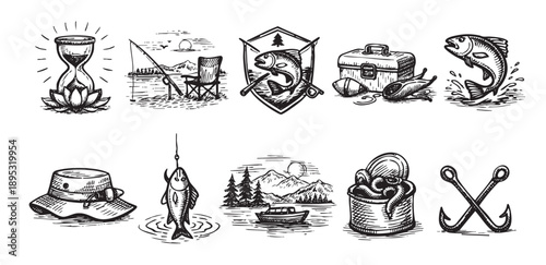 A set of fishing themed icons in a black and white hand drawn sketch style, featuring elements like fish, tackle, hooks, and fishing scenery.