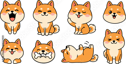 Cute Japanese Shiba Inu dog character set with various happy expressions jumping running and waving in kawaii flat vector style.