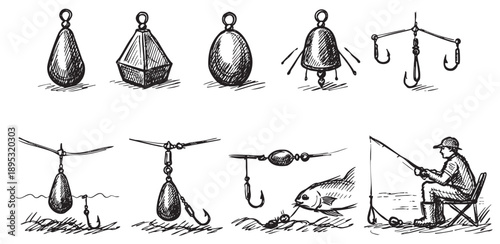 Black and white sketch of fishing tackle, including various weights, hooks, and a fisherman, ideal for illustrations, guides, or design elements related to fishing.