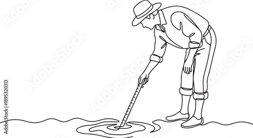 Man in a hat carefully measuring water depth with a stick, drawn in continuous line art.