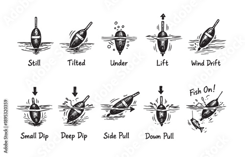 Black and white diagram showing different fishing float positions in water, illustrating various fishing situations and techniques, creating a helpful guide.