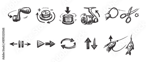 Hand-drawn sketches of fishing equipment and tools, including reel, line, knots, scissors, and directions on a clean white backdrop.