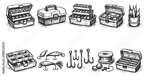 Black and white sketch illustration shows fishing tackle, lure, hooks, floats and boxes, creating a vintage feel for any fishing-themed project.