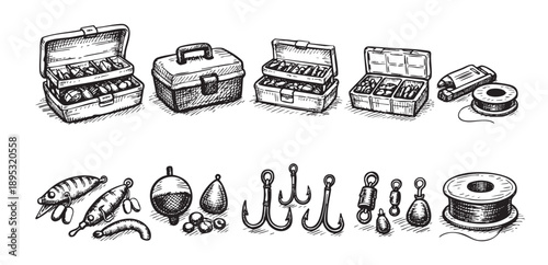 An artistic black and white sketch showcasing fishing tackle, including tackle boxes, hooks, lures, bobbers, weights, and line spools.