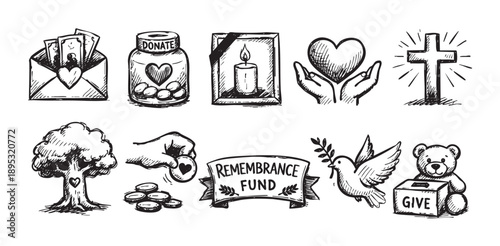 This hand-drawn vector illustration depicts various charity and donation symbols on a white background, suitable for religious or fundraising campaigns.