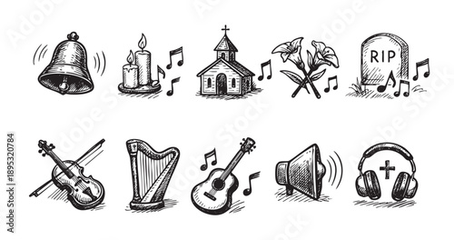 Hand drawn icons depict religious symbols and musical instruments, suggesting mourning, celebration, or reflection in a white background, perfect for graphic design.