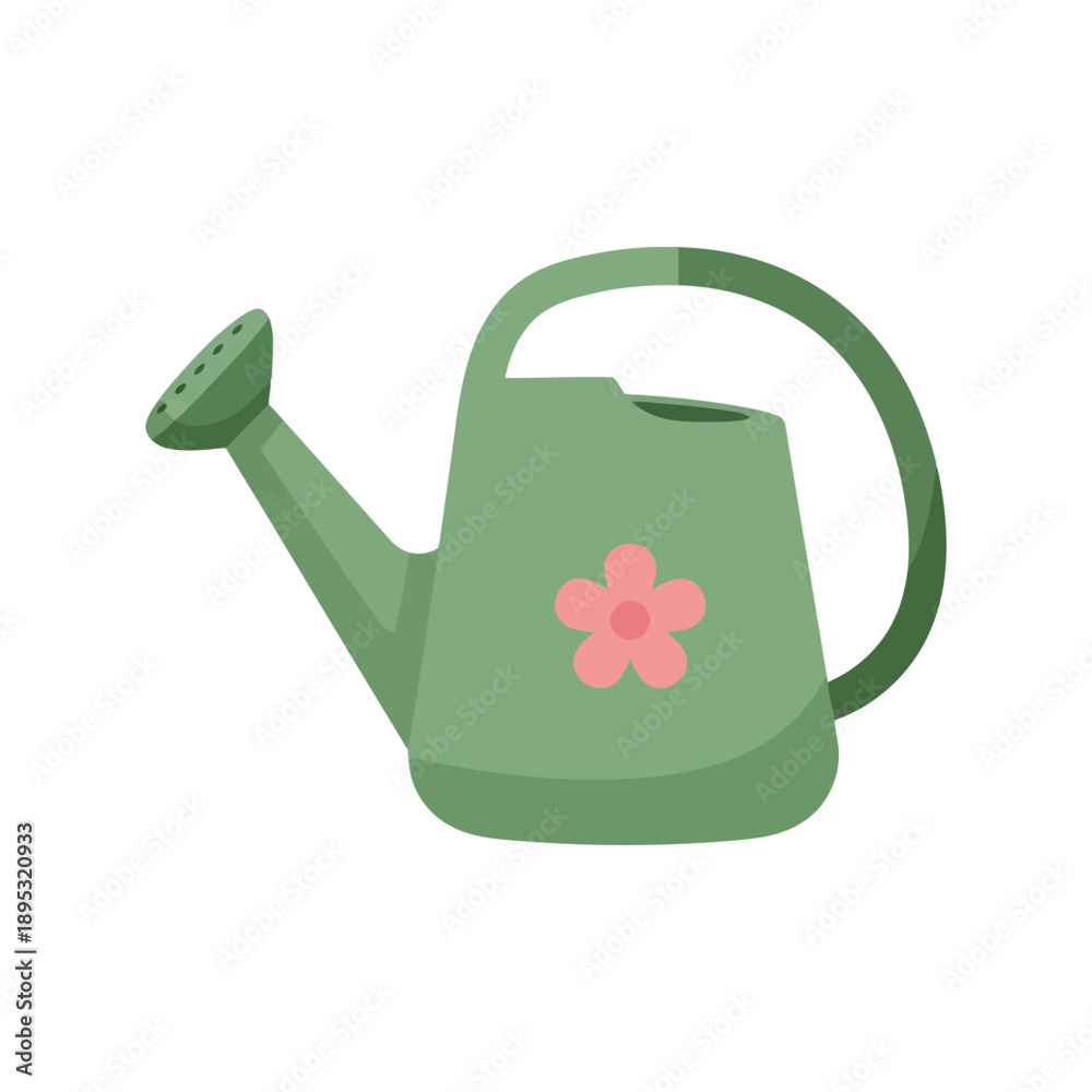 Obraz premium Green watering can vector clipart with flower, flat gardening tool illustration
