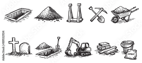 Hand-drawn sketch depicts construction tools and materials: grave, dirt, wheelbarrow, shovel, excavator, tombstone, and cement, creating a construction-themed illustration.