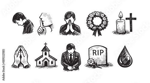 Hand drawn funeral sketch icons set in black and white, depicting mourning symbols like prayer, church, wreath, candle, and teardrop. Ideal for remembrance themes.