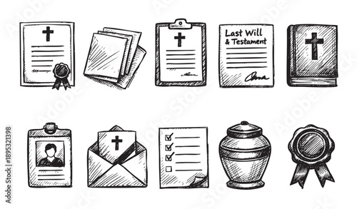 Collection of hand-drawn style symbols related to funeral services and memorials including will, testament, cross, urn, documents, ideal for brochures, or web graphics.