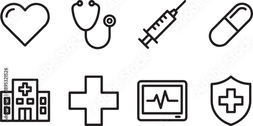 Essential medical and healthcare outline icons for professional design and health-related content
