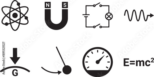 Essential physics concepts and scientific symbols set representing fundamental laws and principles