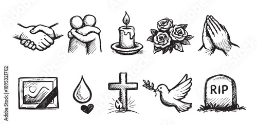 A hand-drawn set of memorial sketches featuring symbols of sympathy, grief, and remembrance, including handshakes, embraces, a candle, roses, praying hands, and a tombstone.