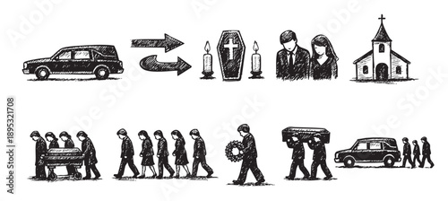 Black and white sketched illustration shows a funeral procession with hearse, coffin, mourners, and church, conveying a somber and reflective mood for grief-related content.