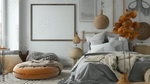 An inviting boho-style bedroom showcasing a bed with neutral linens, textured throws, and woven decor elements. Features an empty frame for custom artwork.