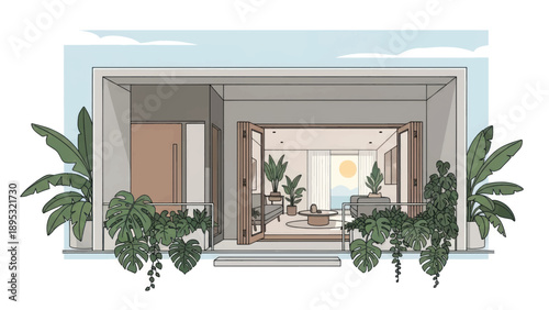 Modern glass-fronted interior with lush potted plants and inviting open living space.