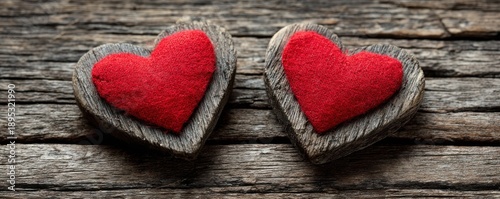 Two textured hearts on a rustic wooden surface.