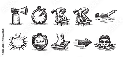 Hand drawn black and white style illustration depicting various elements related to swimming competition, like a horn, stopwatch, swimmer starting, swimming, and an arrow.