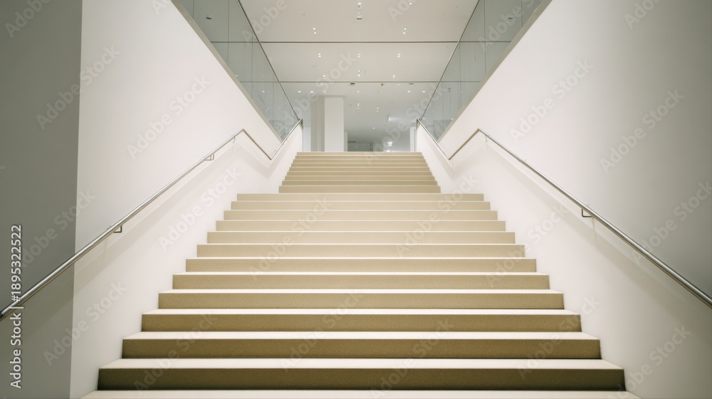 Obraz premium Architectural Staircase Ascending with Metal Railings in a Modern, Minimalist White Interior