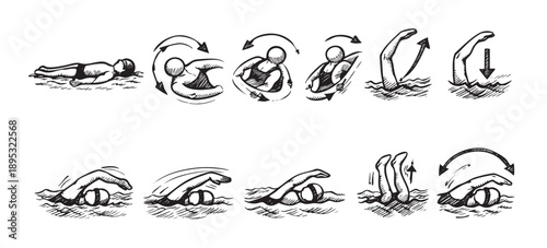 Black and white drawing shows the swimming stroke technique with arrows for movement, outlining each step for learning and instruction in a clear graphic style.