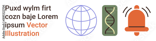 Digital communication, genetic research, notifications, information networks, global collaboration, online alerts. Three distinct icons a globe, a DNA strand and a notification bell. Digital