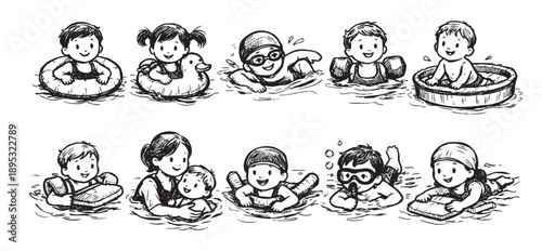 Black and white cartoon illustration depicts children swimming, playing with inflatables, snorkeling and spending summer vacation in the water.