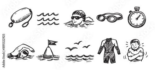 Hand drawn monochrome sketches of swimming elements like a swimmer, goggles, wetsuit, buoy and stopwatch against a white backdrop.