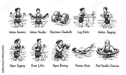 Monochrome sketch depicting diverse water exercises: aerobics, jogging, boxing, flutter kicks and using noodles for active lifestyle concepts.