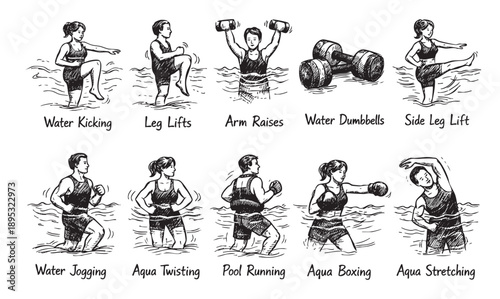 Black and white sketch illustrations show a variety of water aerobics exercises like jogging, stretching, and boxing in the water, offering a fun workout.