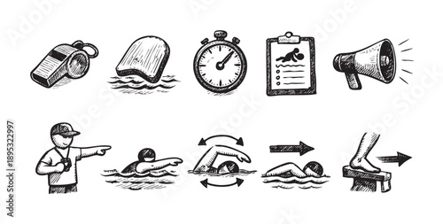 Hand-drawn vector illustration of swimming equipment, coaching tools, and stroke techniques, ideal for educational materials and swimming lessons guides.