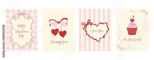 Cute Valentine’s Day Greeting Card Illustration Set with Hearts and Ribbons