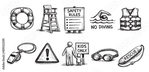 A hand-drawn illustration featuring lifeguard icons like a ring buoy, lifeguard chair, safety rules, and rescue buoy, ideal for safety themed projects.