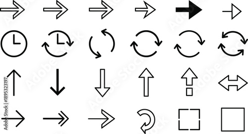 Arrow icons, direction symbols, refresh icon, rotation arrows, clock symbol, square shape, outlined style, filled arrows, minimal design, UI element, navigation icon, motion graphic, time indicator, 