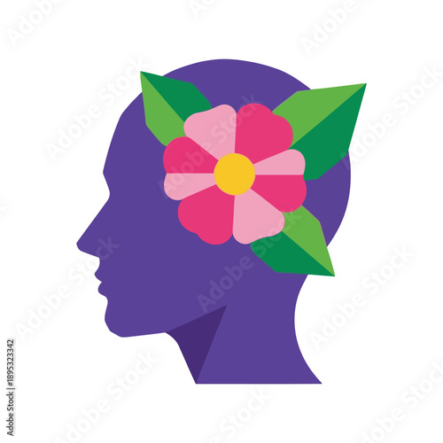 Mental health flower head vector clipart, colorful flat illustration for wellness concepts