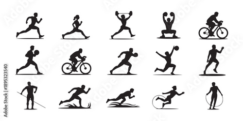 Collection of 15 sport silhouettes showing diverse athletic activities like running weightlifting boxing cycling basketball tennis skipping rope and javelin throw