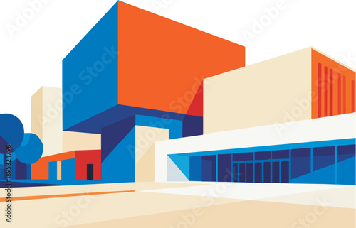 Bold Geometric Illustration of a Modern Institutional Building Architecture with High Contrast Blue and Orange Color Blocks