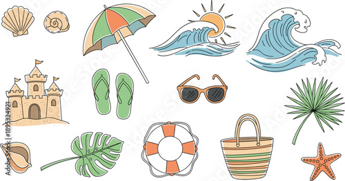 Hand Drawn Summer Beach Vector Icon Set Featuring Sandcastles Tropical Waves Sun And Parasol For Vacation Holiday Design.