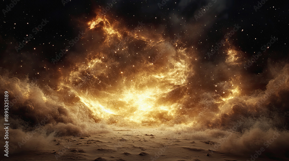 Obraz premium Golden cosmic cloud explosion over surreal desert landscape
