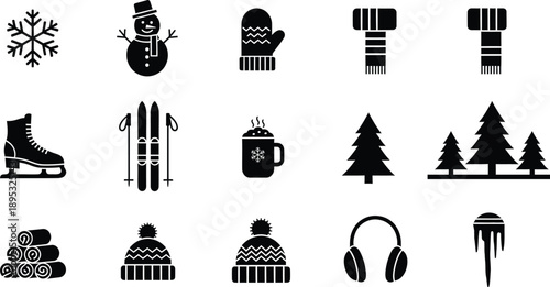 Winter season icons set showcasing cold weather activities and elements