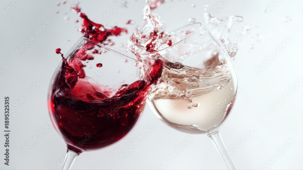 Fototapeta premium Celebratory Toast: Two Wine Glasses Clinking, Splashing Red and White Wine in a Dynamic Motion